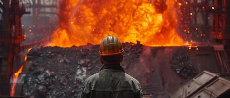 A steelworker looks at a blast furnace. photo