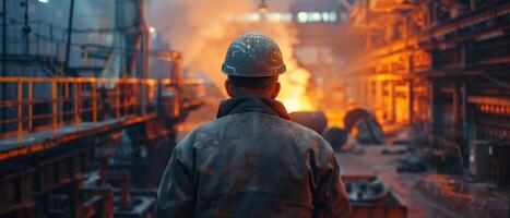 A steelworker looks out over a factory floor. photo