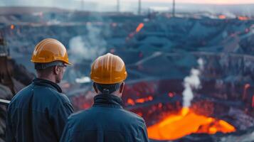 Two steelworkers in hard hats look at a blast furnace photo