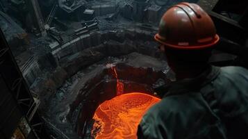 A steelworker looks down at a ladle of molten metal. photo