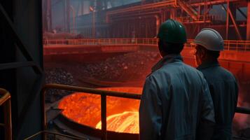 Two steel workers are watching the molten metal being poured into a mold. photo