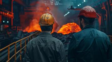 Two steelworkers in hard hats looking at a blast furnace photo