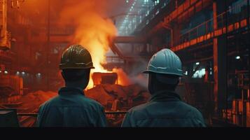 Two steelworkers watch as molten metal is poured from a ladle into a mold. photo