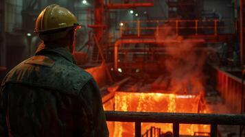 A steelworker looks at a furnace. photo