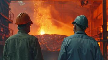 Two steelworkers watch the sparks fly as molten metal is poured. photo