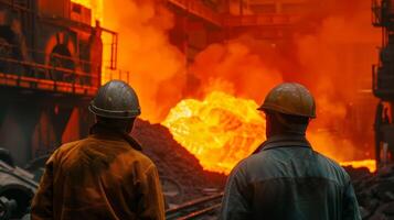 Two steelworkers watch a furnace photo