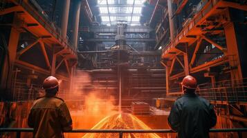 Two steelworkers watch a molten metal being poured. photo