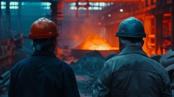 Two steelworkers watch the molten metal being poured. photo