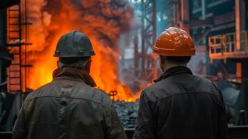 Two steelworkers watch the sparks fly as molten metal is poured. photo