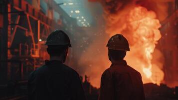 Two steelworkers watch a furnace erupt. photo