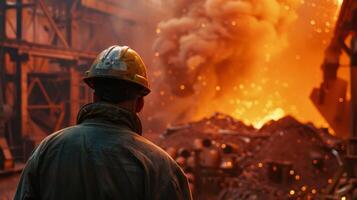 A steelworker looks at the molten metal being poured into a mold. photo
