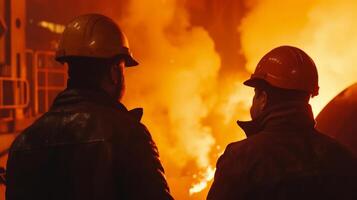 Two steelworkers in hard hats looking at a blast furnace photo