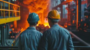 Two steelworkers in hard hats looking at a blast furnace photo