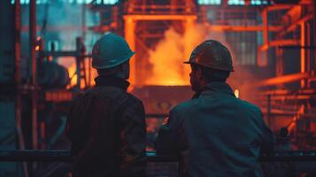 Two steelworkers in hard hats looking at a blast furnace photo