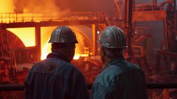 Two steelworkers in hard hats watch the molten metal being poured. photo