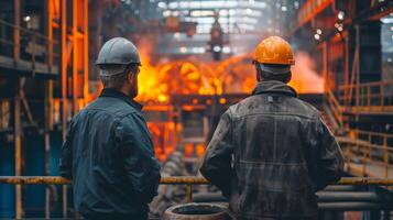 Two steelworkers in hard hats looking at a blast furnace photo