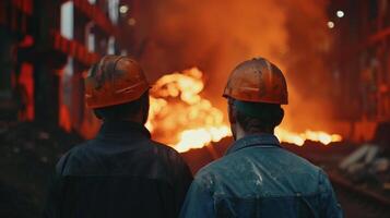 Two steelworkers watch the molten metal being poured. photo