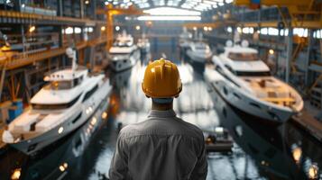 A worker is standing in a shipyard, looking at the yachts under construction. photo