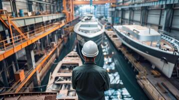 A man in a hard hat looking out at a shipyard full of boats under construction photo