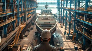 A worker wearing a hard hat is standing on a platform in a shipyard, looking at a large ship under construction. photo