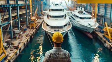 A man in a hard hat looks out at two yachts under construction in a shipyard. photo