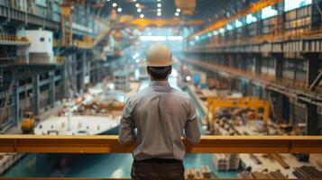 A man in a hard hat looking out over a large industrial shipyard photo
