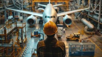 An aircraft mechanic looks at a wide-body airplane in a hangar. photo