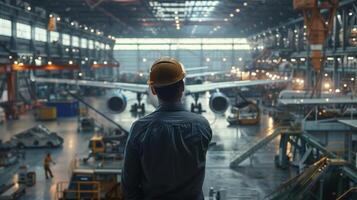 An engineer looking at an airplane in a hangar photo