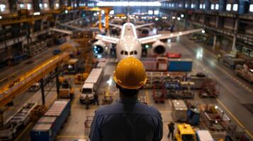 An engineer looking at an airplane in a factory photo