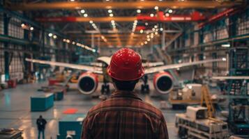 A man in a red hard hat is standing in front of an airplane. photo