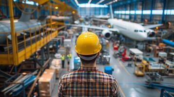 A man in a yellow hard hat is looking at an airplane in a hangar. photo