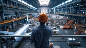 An engineer looking out over an airplane hangar. photo