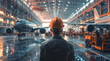 An aircraft mechanic stands in a hangar, looking at a large passenger plane. photo
