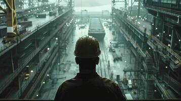 A worker wearing a hard hat is looking at a large ship in a shipyard. photo