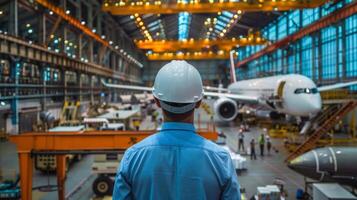 An engineer looking at an airplane in a hangar photo