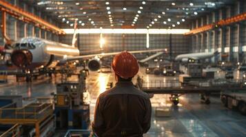 An aircraft maintenance engineer looking at a wide-body aircraft in a hangar. photo