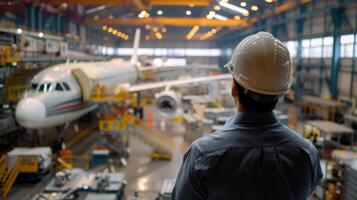 An aircraft maintenance engineer looking at a wide-body aircraft in a hangar photo