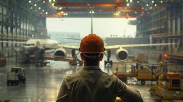 A man in a hard hat looking at an airplane in a hangar photo