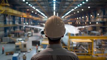 A man in a hard hat looking at an airplane in a hangar photo