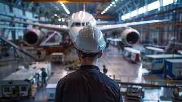 An aircraft maintenance engineer looking at a wide-body aircraft in a hangar. photo