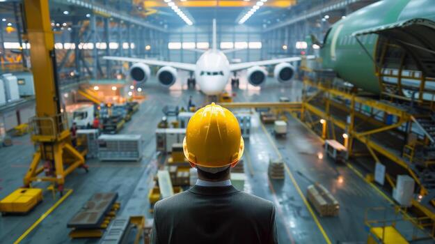 An engineer looking at an airplane in a factory photo