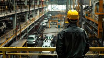 A man in a hard hat looking out over a large factory photo