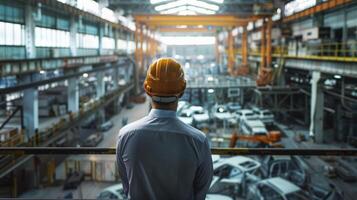 A man in a hard hat looking out over a factory floor. photo