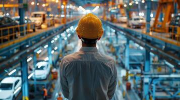 A man in a hard hat looking out over a car factory. photo