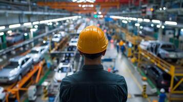 A worker wearing a hard hat is looking at the production line of a car factory. photo