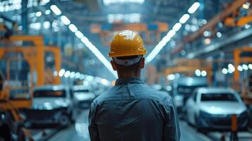 A man in a hard hat looking out at a car factory. photo