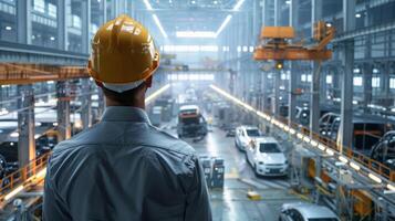 A man in a hard hat looking out over a car factory. photo