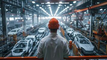 A worker in a hard hat looks out over an automobile assembly line. photo