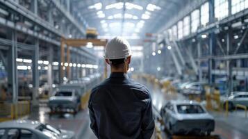 A man in a hard hat looking out over a car factory. photo