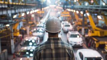 A man in a hard hat looking out over a car factory. photo